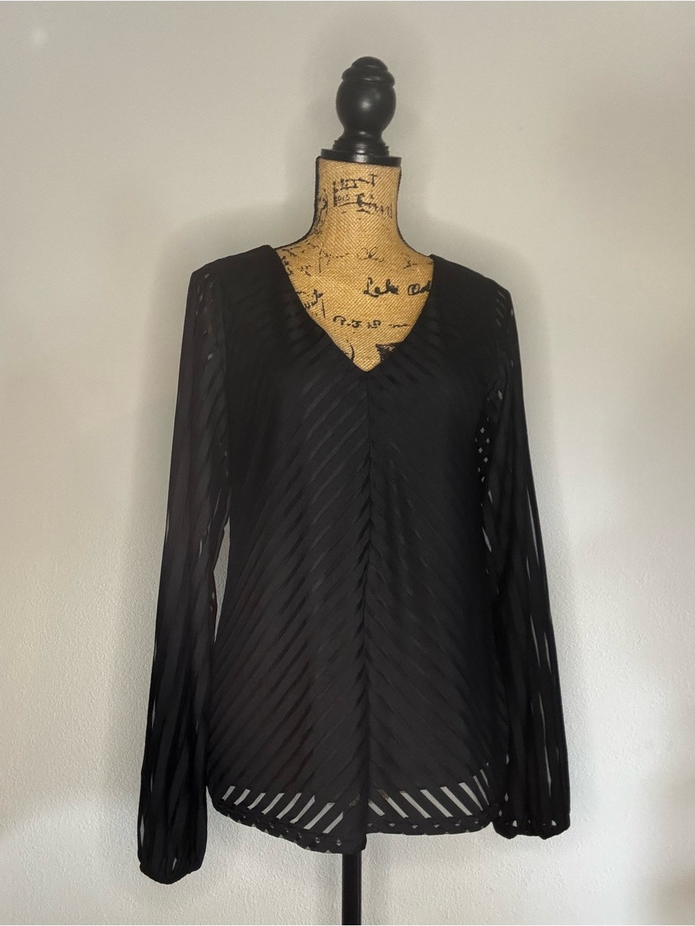 Daytrip Black Sheer Diagonal Stripe V‑Neck Blouse